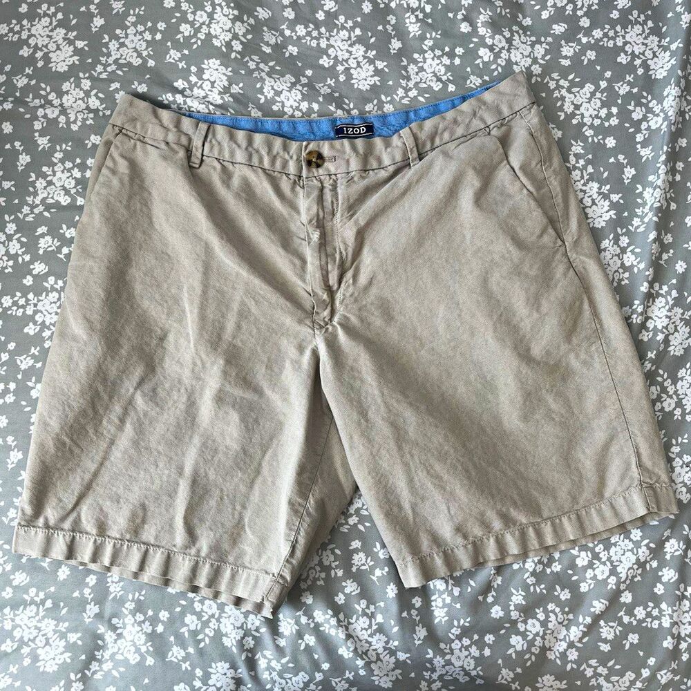 IZOD Men's Beige Cotton Chino Shorts Flat Front Solid Zip Button Pockets Size 36